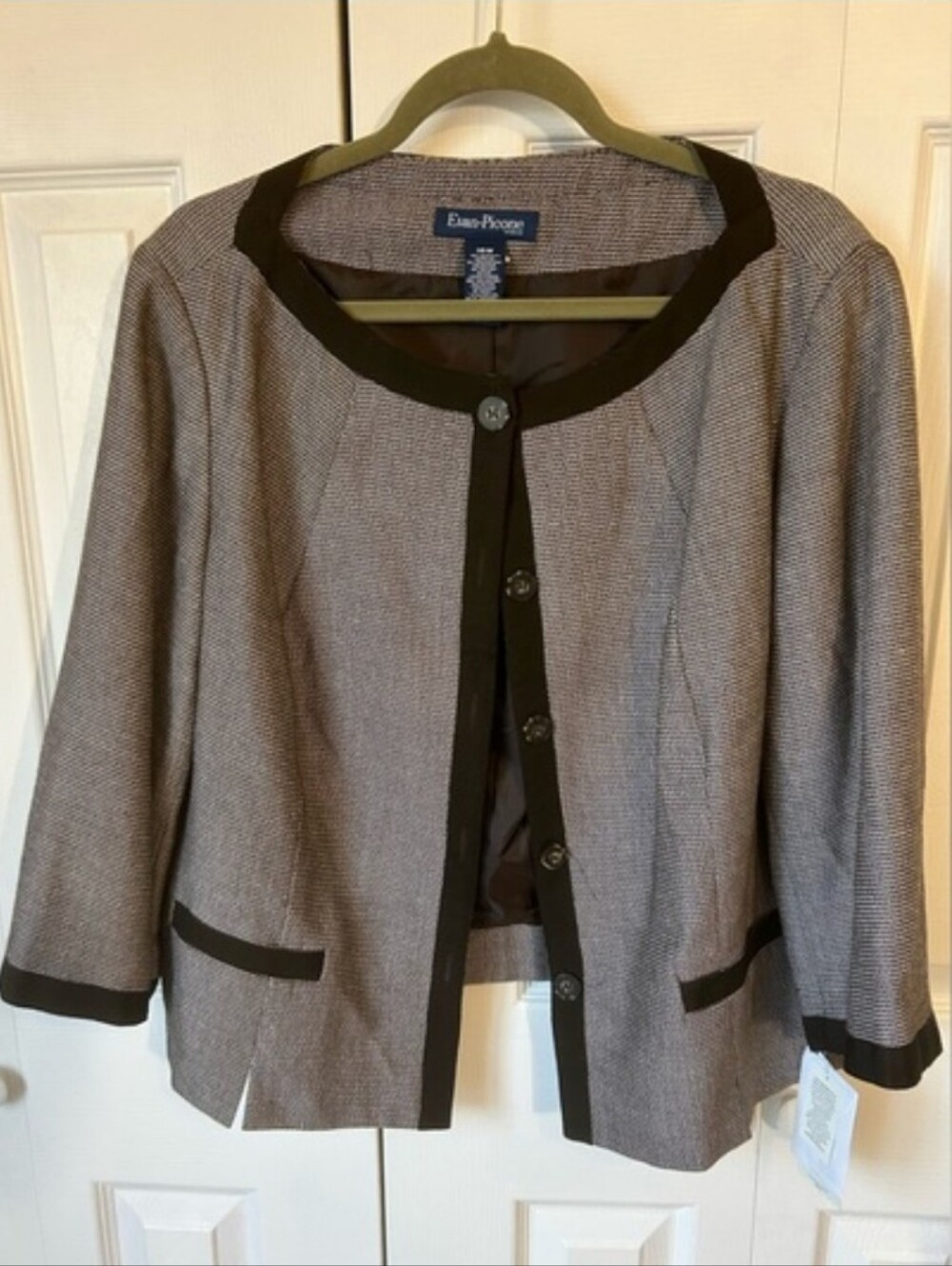 Evan Picone brown tweed academia blazer jacket with black trim